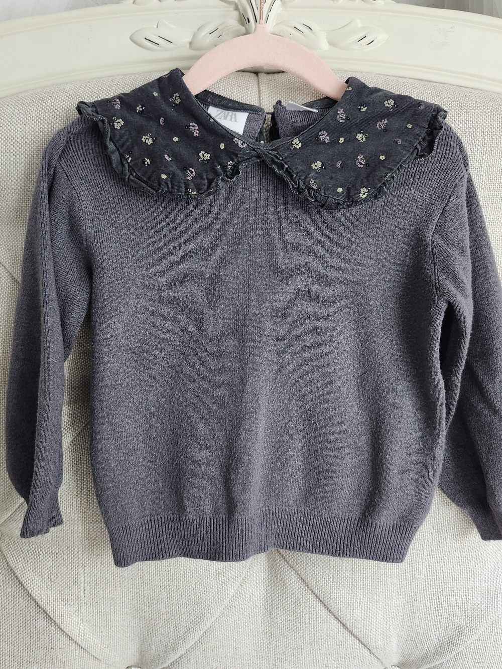 Zara Dark Gray Knit Sweater with Floral Peter Pan Collar